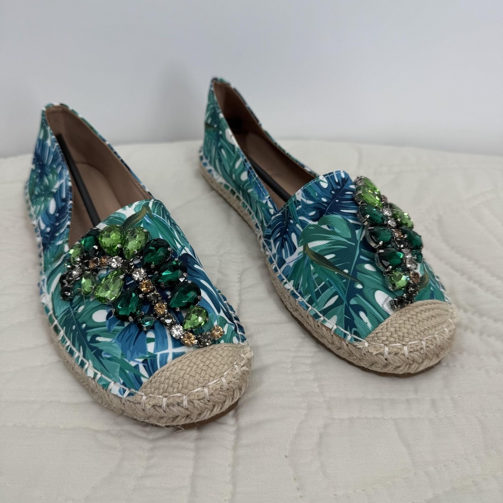 Lauren Lorraine Womens Espi Espadrilles 7 Green Multi Palm Crystal Tropical Glam